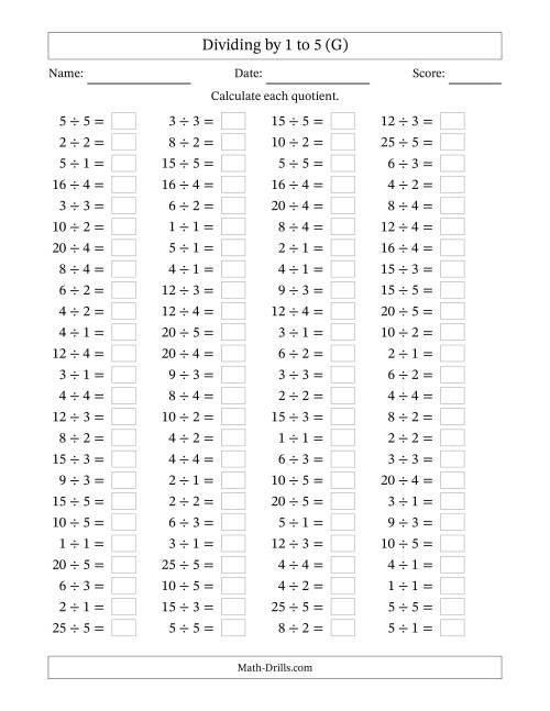 The Horizontally Arranged Division Facts with Divisors 1 to 5 and Dividends to 25 (100 Questions) (G) Math Worksheet