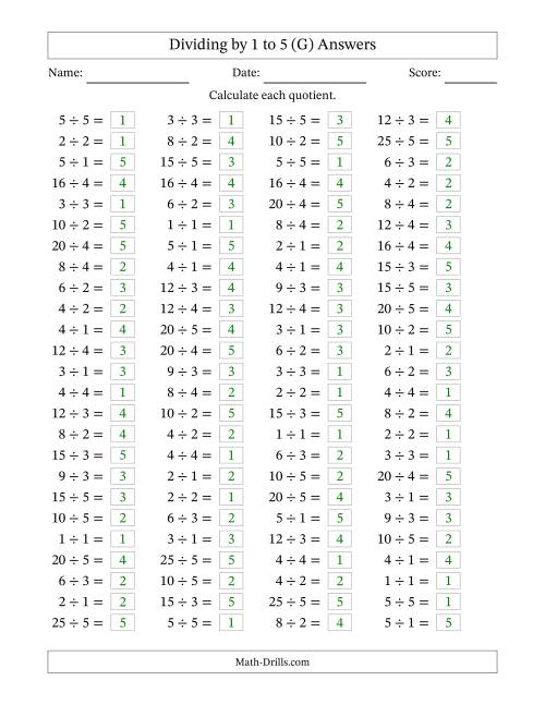 The Horizontally Arranged Division Facts with Divisors 1 to 5 and Dividends to 25 (100 Questions) (G) Math Worksheet Page 2