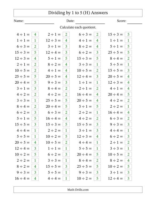 The Horizontally Arranged Division Facts with Divisors 1 to 5 and Dividends to 25 (100 Questions) (H) Math Worksheet Page 2