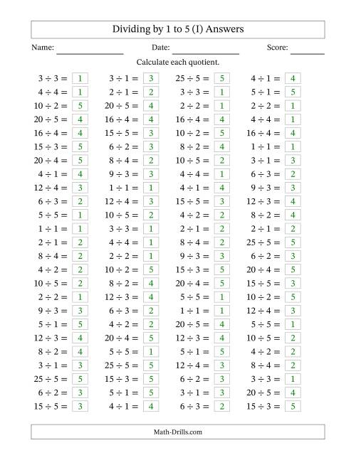 The Horizontally Arranged Division Facts with Divisors 1 to 5 and Dividends to 25 (100 Questions) (I) Math Worksheet Page 2