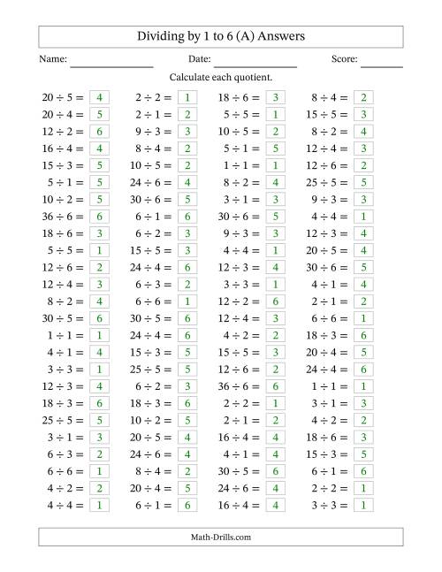 The Horizontally Arranged Division Facts with Divisors 1 to 6 and Dividends to 36 (100 Questions) (A) Math Worksheet Page 2