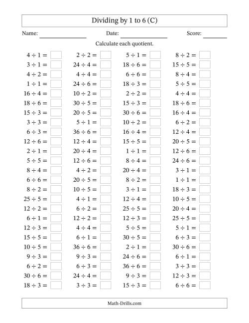 The Horizontally Arranged Division Facts with Divisors 1 to 6 and Dividends to 36 (100 Questions) (C) Math Worksheet
