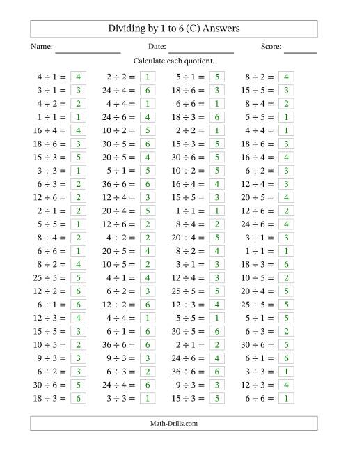 The Horizontally Arranged Division Facts with Divisors 1 to 6 and Dividends to 36 (100 Questions) (C) Math Worksheet Page 2