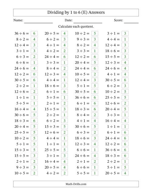 The Horizontally Arranged Division Facts with Divisors 1 to 6 and Dividends to 36 (100 Questions) (E) Math Worksheet Page 2