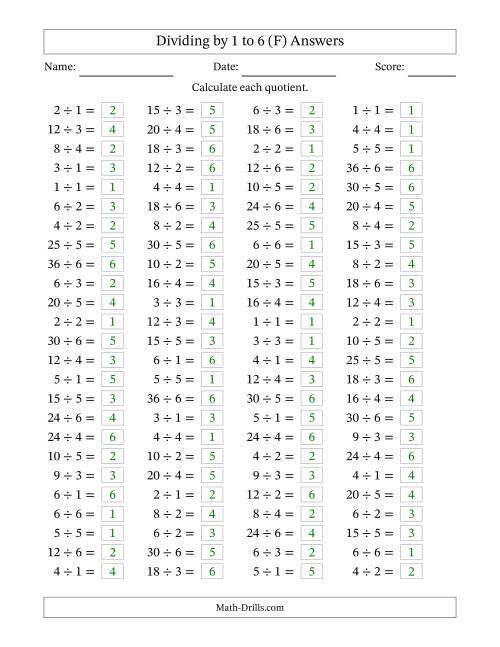 The Horizontally Arranged Division Facts with Divisors 1 to 6 and Dividends to 36 (100 Questions) (F) Math Worksheet Page 2