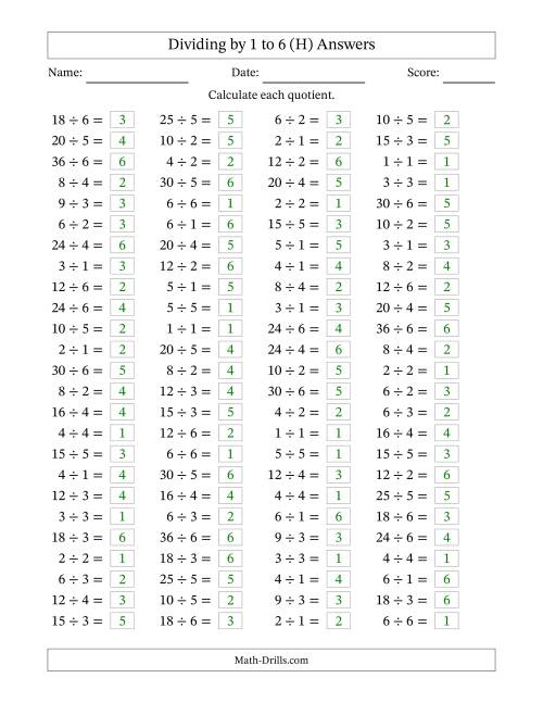 The Horizontally Arranged Division Facts with Divisors 1 to 6 and Dividends to 36 (100 Questions) (H) Math Worksheet Page 2