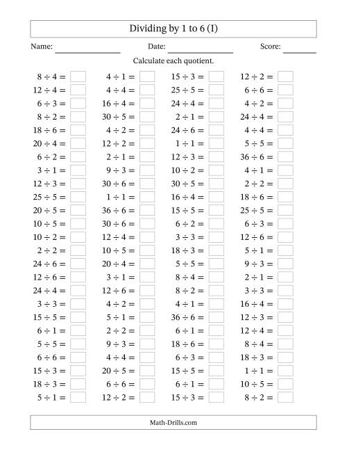 The Horizontally Arranged Division Facts with Divisors 1 to 6 and Dividends to 36 (100 Questions) (I) Math Worksheet