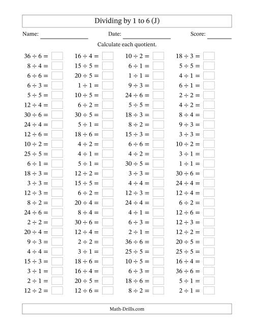 The Horizontally Arranged Division Facts with Divisors 1 to 6 and Dividends to 36 (100 Questions) (J) Math Worksheet