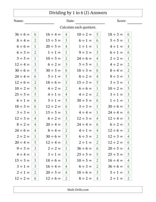 The Horizontally Arranged Division Facts with Divisors 1 to 6 and Dividends to 36 (100 Questions) (J) Math Worksheet Page 2