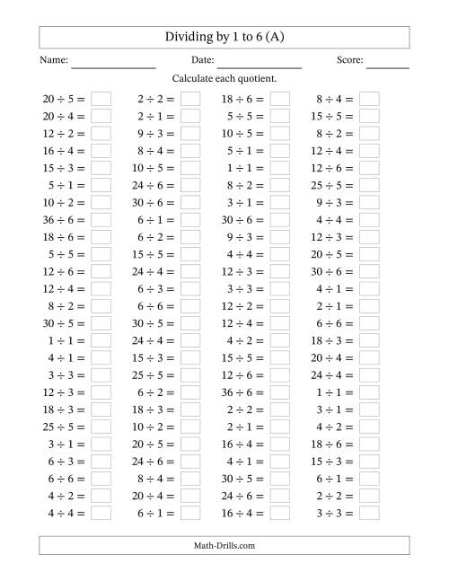 The Horizontally Arranged Division Facts with Divisors 1 to 6 and Dividends to 36 (100 Questions) (All) Math Worksheet