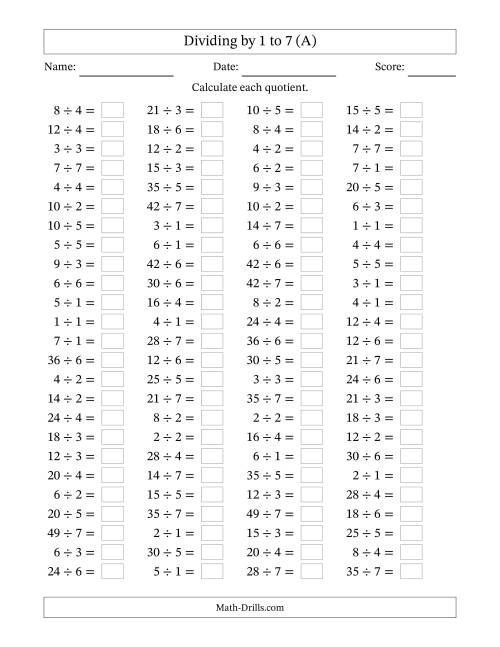 The Horizontally Arranged Division Facts with Divisors 1 to 7 and Dividends to 49 (100 Questions) (A) Math Worksheet