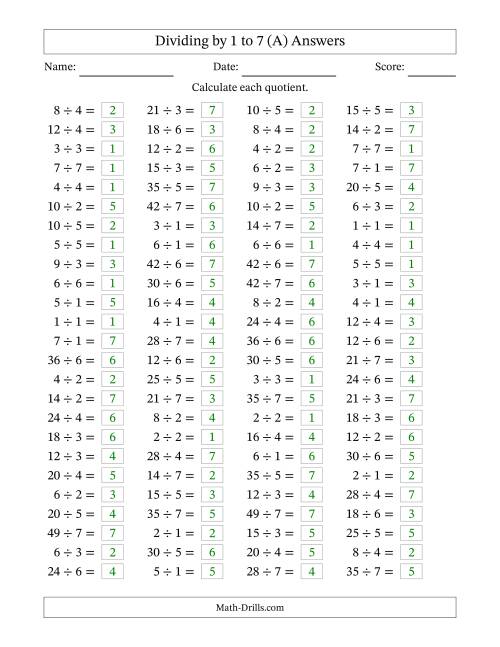 The Horizontally Arranged Division Facts with Divisors 1 to 7 and Dividends to 49 (100 Questions) (A) Math Worksheet Page 2