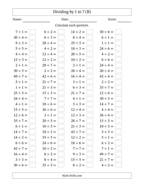 The Horizontally Arranged Division Facts with Divisors 1 to 7 and Dividends to 49 (100 Questions) (B) Math Worksheet