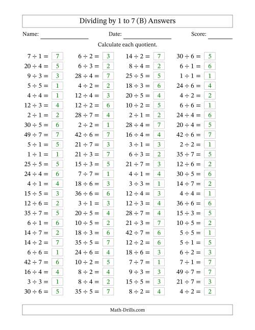 The Horizontally Arranged Division Facts with Divisors 1 to 7 and Dividends to 49 (100 Questions) (B) Math Worksheet Page 2