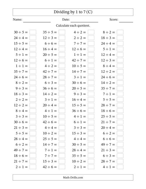 The Horizontally Arranged Division Facts with Divisors 1 to 7 and Dividends to 49 (100 Questions) (C) Math Worksheet
