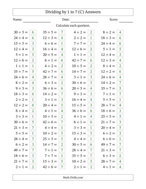 The Horizontally Arranged Division Facts with Divisors 1 to 7 and Dividends to 49 (100 Questions) (C) Math Worksheet Page 2