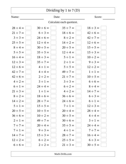 The Horizontally Arranged Division Facts with Divisors 1 to 7 and Dividends to 49 (100 Questions) (D) Math Worksheet