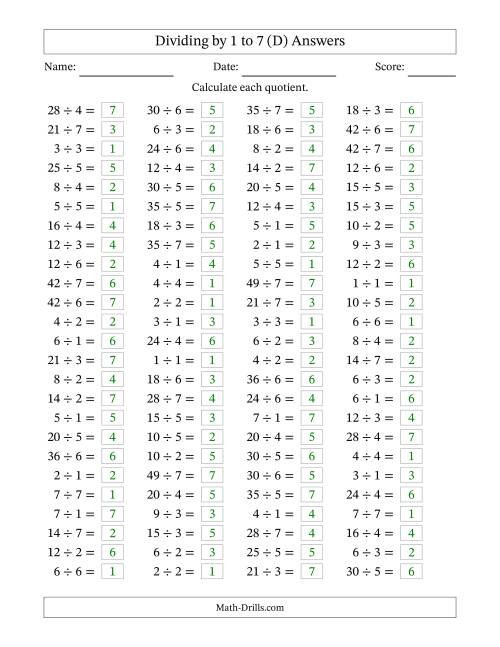 The Horizontally Arranged Division Facts with Divisors 1 to 7 and Dividends to 49 (100 Questions) (D) Math Worksheet Page 2
