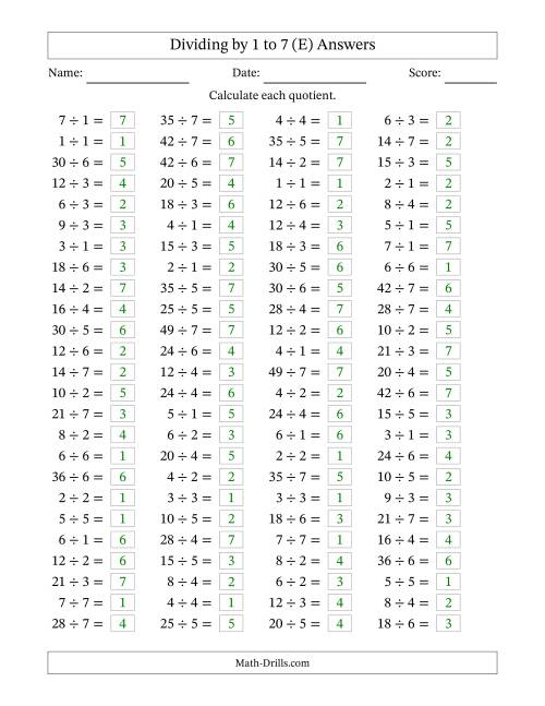 The Horizontally Arranged Division Facts with Divisors 1 to 7 and Dividends to 49 (100 Questions) (E) Math Worksheet Page 2