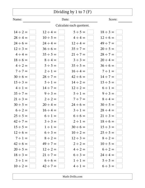 The Horizontally Arranged Division Facts with Divisors 1 to 7 and Dividends to 49 (100 Questions) (F) Math Worksheet