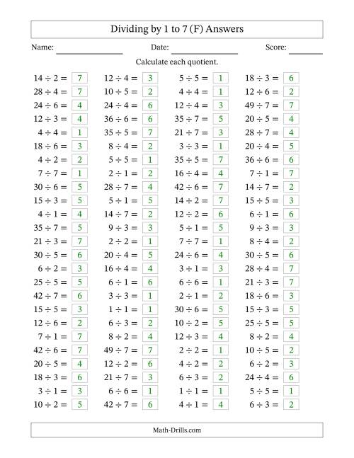 The Horizontally Arranged Division Facts with Divisors 1 to 7 and Dividends to 49 (100 Questions) (F) Math Worksheet Page 2