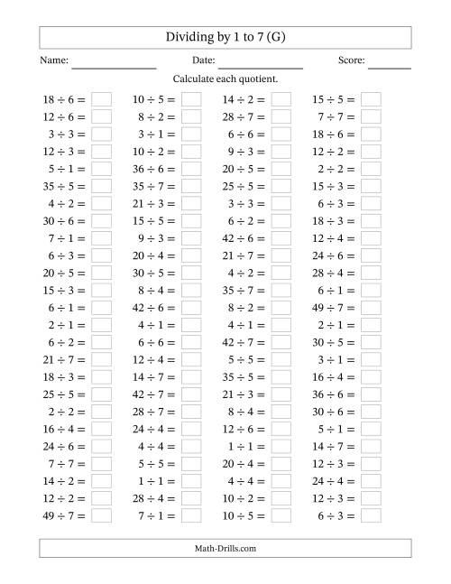 The Horizontally Arranged Division Facts with Divisors 1 to 7 and Dividends to 49 (100 Questions) (G) Math Worksheet