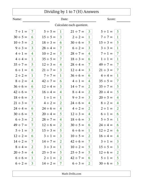 The Horizontally Arranged Division Facts with Divisors 1 to 7 and Dividends to 49 (100 Questions) (H) Math Worksheet Page 2