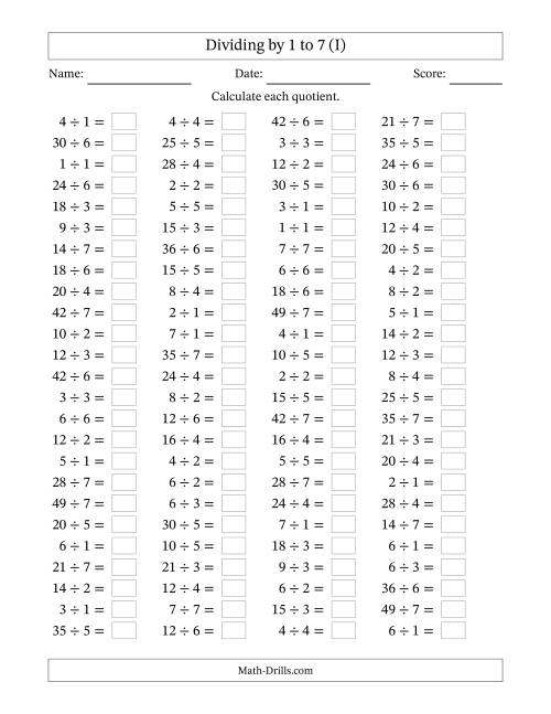 The Horizontally Arranged Division Facts with Divisors 1 to 7 and Dividends to 49 (100 Questions) (I) Math Worksheet