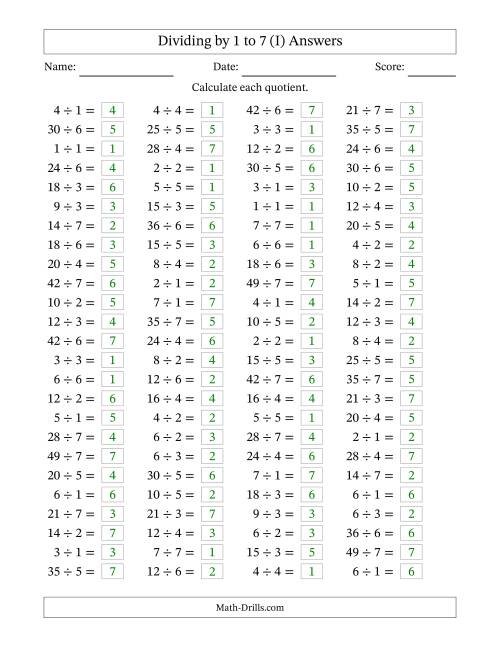 The Horizontally Arranged Division Facts with Divisors 1 to 7 and Dividends to 49 (100 Questions) (I) Math Worksheet Page 2