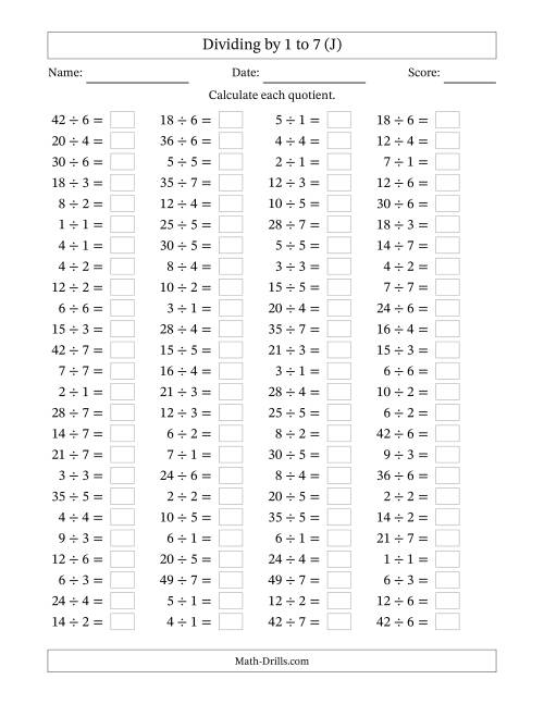 The Horizontally Arranged Division Facts with Divisors 1 to 7 and Dividends to 49 (100 Questions) (J) Math Worksheet