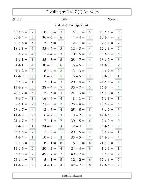 The Horizontally Arranged Division Facts with Divisors 1 to 7 and Dividends to 49 (100 Questions) (J) Math Worksheet Page 2
