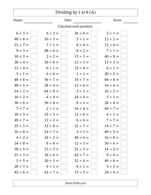 The Horizontally Arranged Division Facts with Divisors 1 to 8 and Dividends to 64 (100 Questions) (A) Math Worksheet