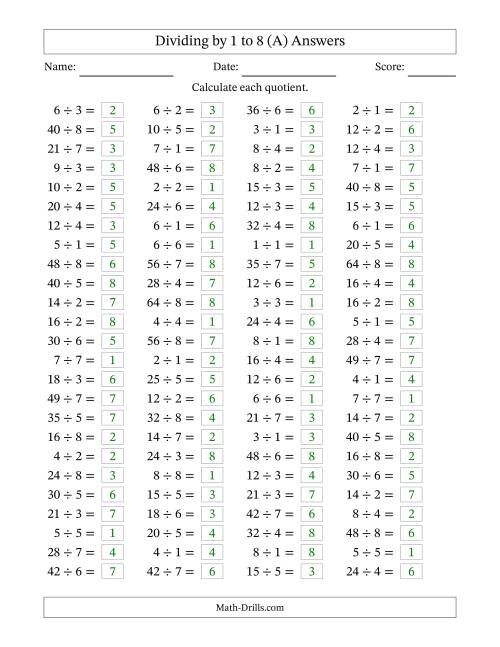 The Horizontally Arranged Division Facts with Divisors 1 to 8 and Dividends to 64 (100 Questions) (A) Math Worksheet Page 2