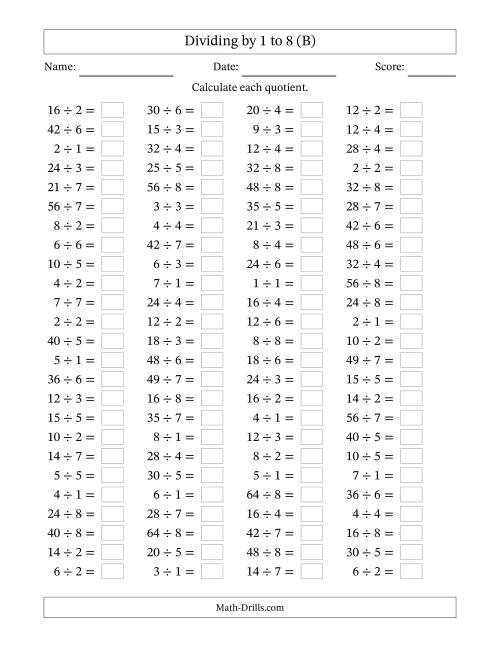 The Horizontally Arranged Division Facts with Divisors 1 to 8 and Dividends to 64 (100 Questions) (B) Math Worksheet