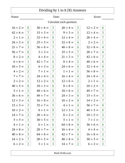 The Horizontally Arranged Division Facts with Divisors 1 to 8 and Dividends to 64 (100 Questions) (B) Math Worksheet Page 2