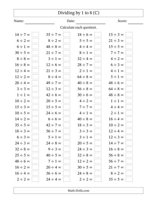 The Horizontally Arranged Division Facts with Divisors 1 to 8 and Dividends to 64 (100 Questions) (C) Math Worksheet