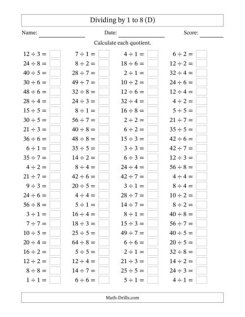 The Horizontally Arranged Division Facts with Divisors 1 to 8 and Dividends to 64 (100 Questions) (D) Math Worksheet