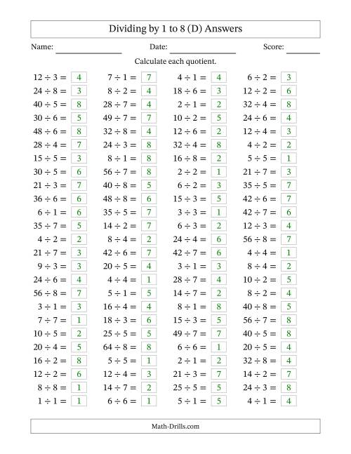 The Horizontally Arranged Division Facts with Divisors 1 to 8 and Dividends to 64 (100 Questions) (D) Math Worksheet Page 2