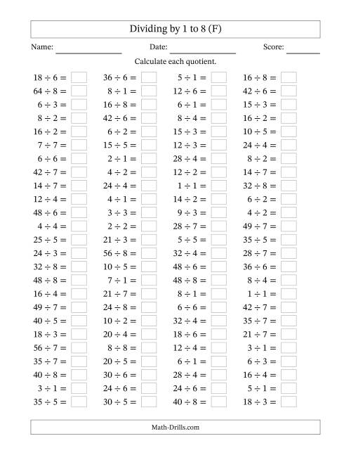 The Horizontally Arranged Division Facts with Divisors 1 to 8 and Dividends to 64 (100 Questions) (F) Math Worksheet