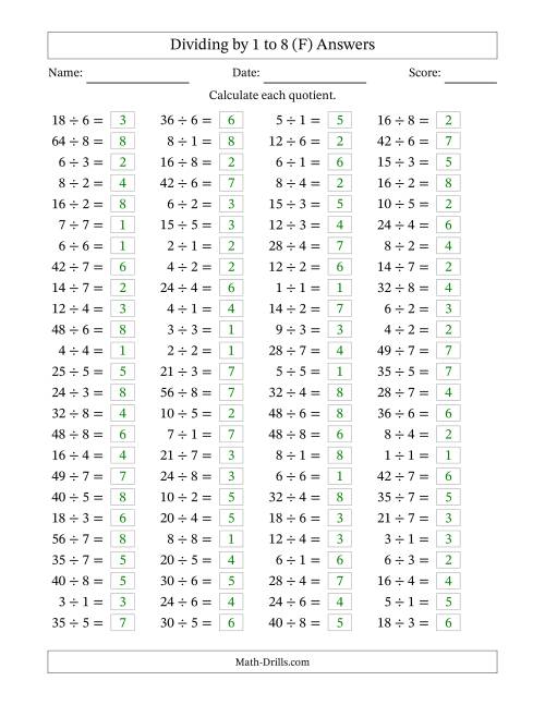 The Horizontally Arranged Division Facts with Divisors 1 to 8 and Dividends to 64 (100 Questions) (F) Math Worksheet Page 2