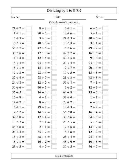 The Horizontally Arranged Division Facts with Divisors 1 to 8 and Dividends to 64 (100 Questions) (G) Math Worksheet
