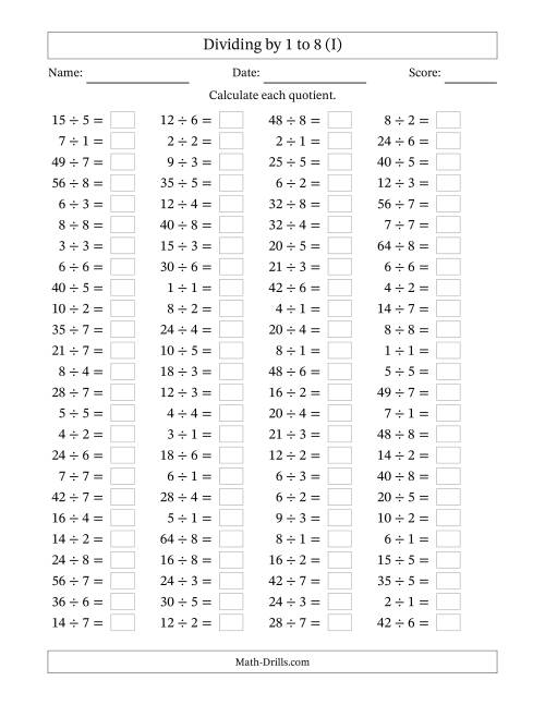 The Horizontally Arranged Division Facts with Divisors 1 to 8 and Dividends to 64 (100 Questions) (I) Math Worksheet