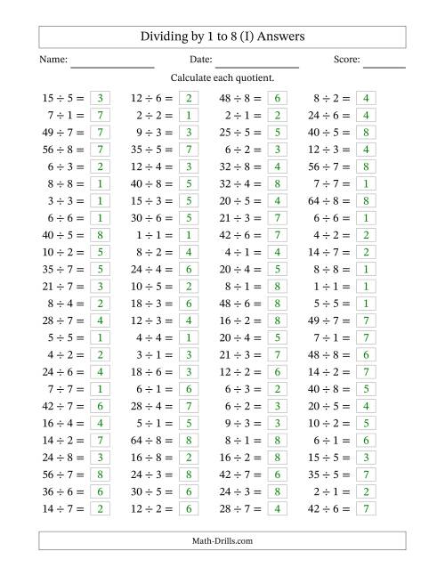 The Horizontally Arranged Division Facts with Divisors 1 to 8 and Dividends to 64 (100 Questions) (I) Math Worksheet Page 2