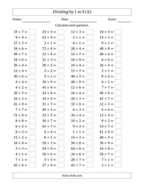 The Horizontally Arranged Division Facts with Divisors 1 to 9 and Dividends to 81 (100 Questions) (A) Math Worksheet