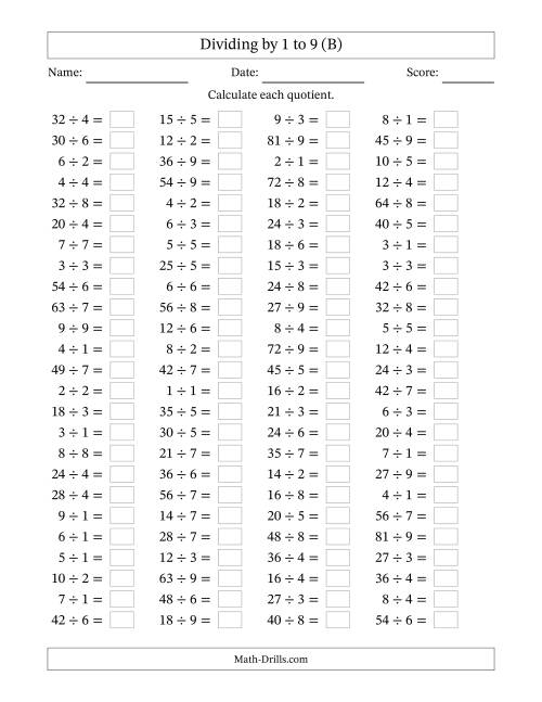 The Horizontally Arranged Division Facts with Divisors 1 to 9 and Dividends to 81 (100 Questions) (B) Math Worksheet
