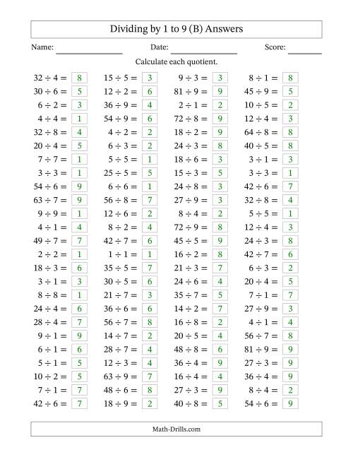The Horizontally Arranged Division Facts with Divisors 1 to 9 and Dividends to 81 (100 Questions) (B) Math Worksheet Page 2