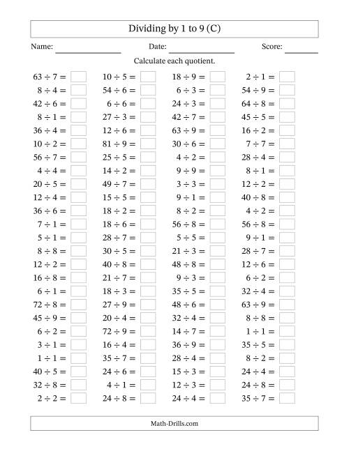 The Horizontally Arranged Division Facts with Divisors 1 to 9 and Dividends to 81 (100 Questions) (C) Math Worksheet