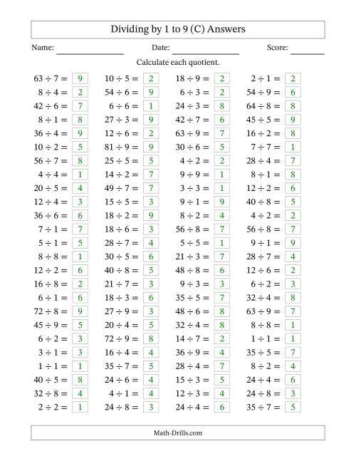 The Horizontally Arranged Division Facts with Divisors 1 to 9 and Dividends to 81 (100 Questions) (C) Math Worksheet Page 2