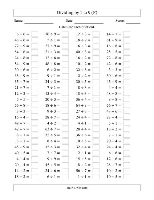 The Horizontally Arranged Division Facts with Divisors 1 to 9 and Dividends to 81 (100 Questions) (F) Math Worksheet