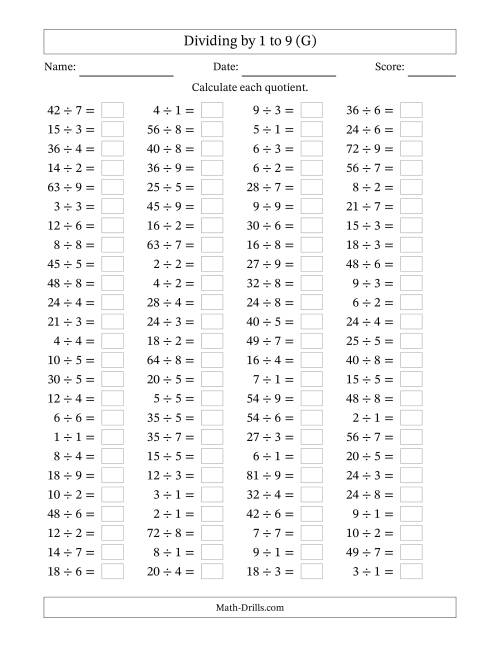The Horizontally Arranged Division Facts with Divisors 1 to 9 and Dividends to 81 (100 Questions) (G) Math Worksheet